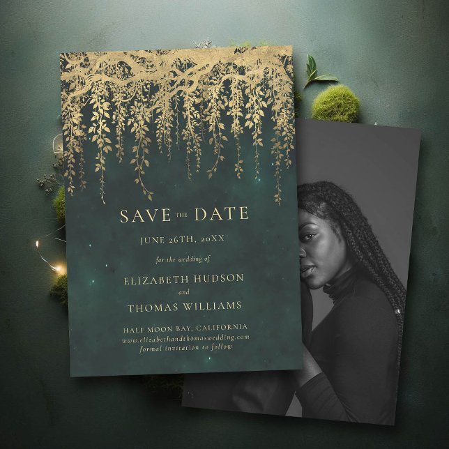 Invitación Boda de fotografía sobre la vegetación de oro enca (wedding save the date enchanted forest fairytale gold vines typography)