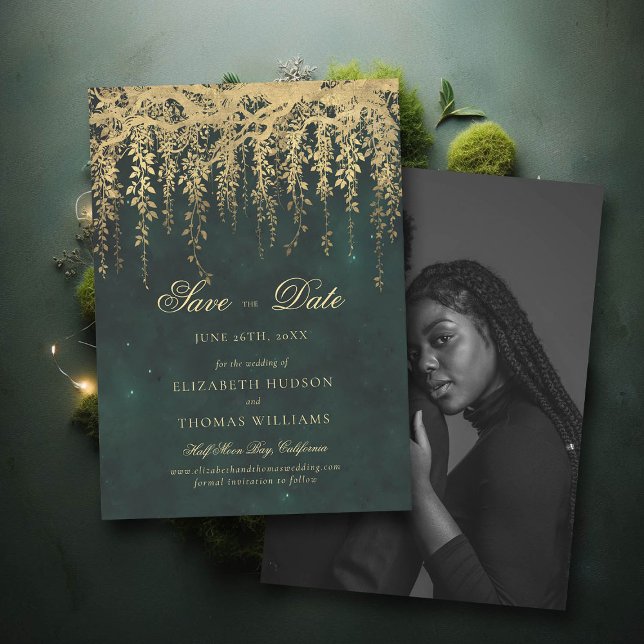 Invitación Boda de fotografía sobre la vegetación de oro enca (wedding save the date enchanted forest fairytale gold vines calligraphy)