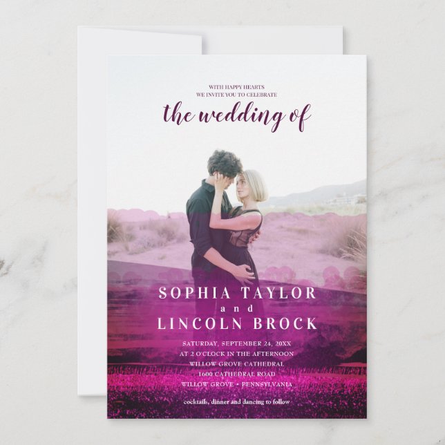 Invitación Boda de fotografía superpuesta abstracta de Borgoñ (Anverso)