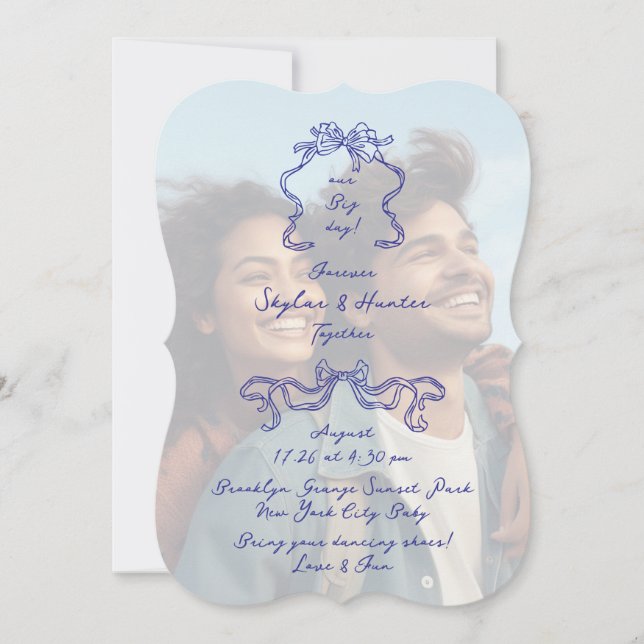 Invitación Boda de fotografía superpuesta del perro Boho azul (Anverso)