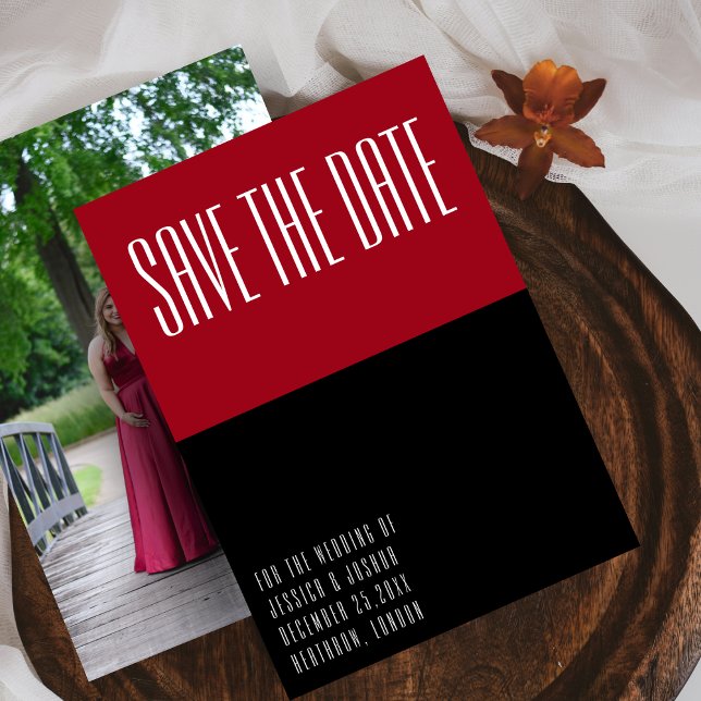 Invitación Boda de fotografía ultramoderno en negro y rojo (Subido por el creador)
