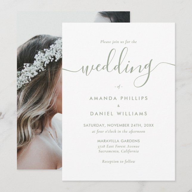 Invitación Boda de fotografía verde de guión moderno (Anverso / Reverso)