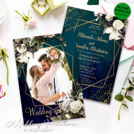 Invitación Boda de fotografía verde esmeralda de oro floral m