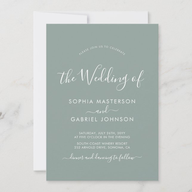 Invitación Boda de fotografía verde sage de escritura caligrá (Anverso)