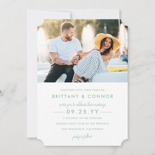 Invitación Boda de fotografía verde y blanca de Moda moderna (Anverso)