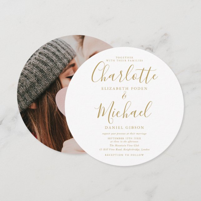 Invitación Boda de fotografías circulares de la firma de oro (Anverso / Reverso)