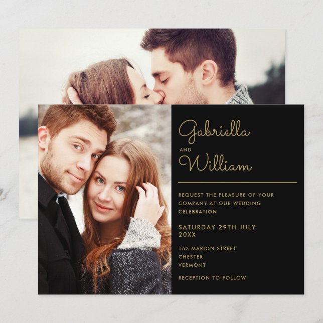 Invitación Boda de fotografías de Black and Gold Script 2 mod (Anverso / Reverso)