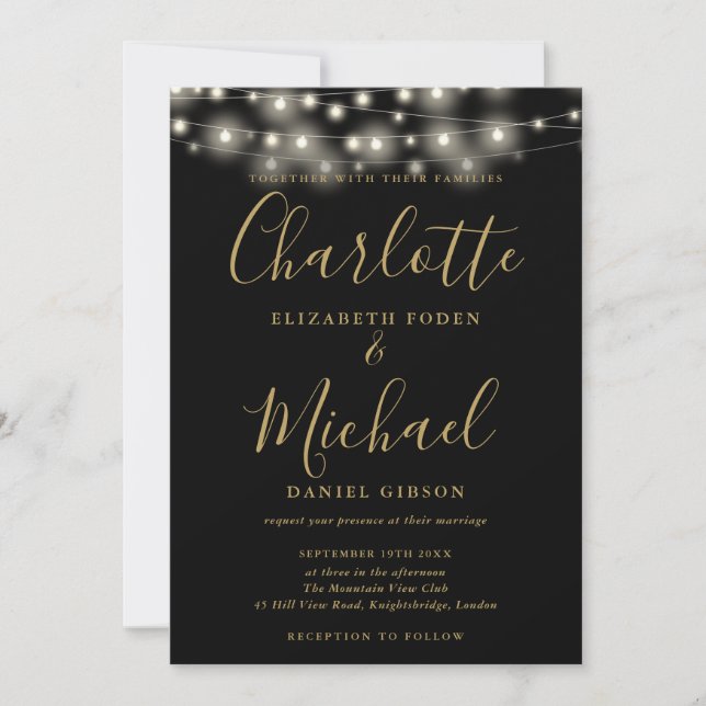 Invitación Boda de fotografías de Black Gold String Lights Sc (Anverso)