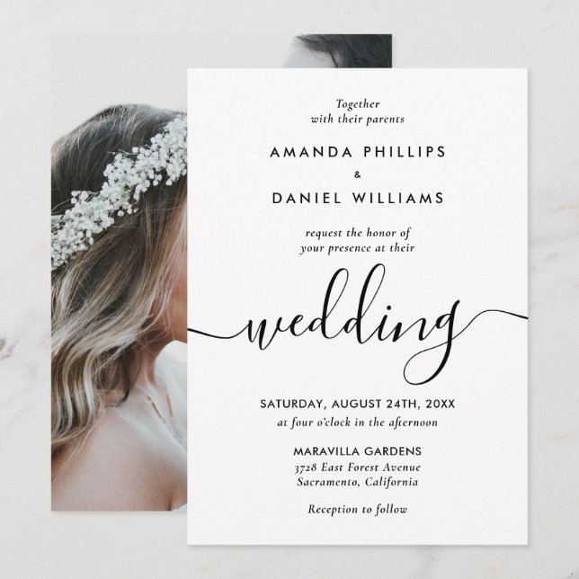 Invitación Boda de fotografías de escritura moderna y sencill (Anverso / Reverso)