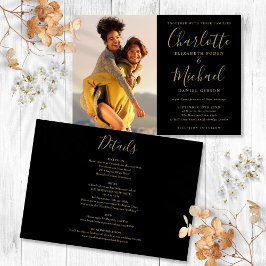 Invitación Boda de fotografías de guiones negros y dorados to