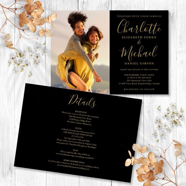 Invitación Boda de fotografías de guiones negros y dorados to (Black And Gold Script Photo Wedding All In One Invitation)