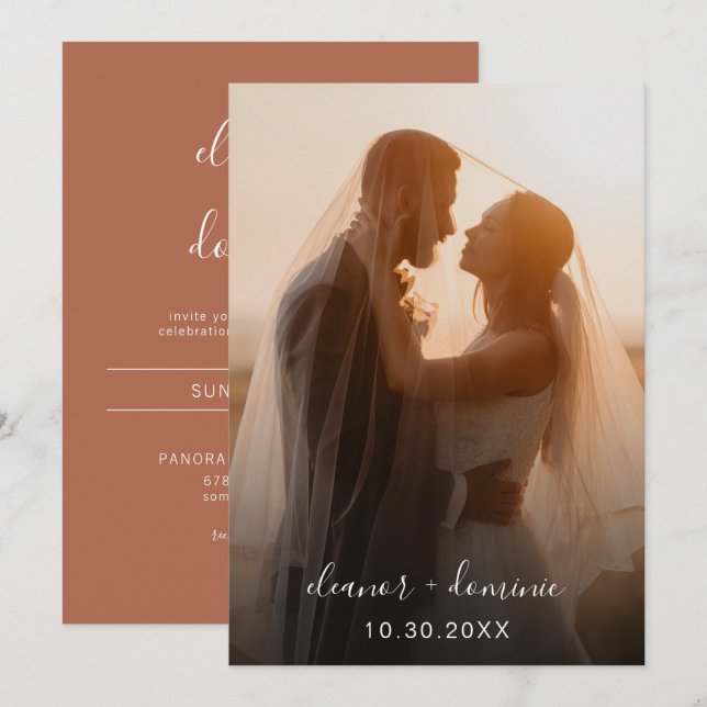 Invitación Boda de fotografías de Terracotta con guión minima (Anverso / Reverso)