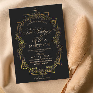 Invitación Boda de fotografías elegantes en negro y oro