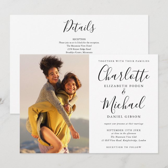 Invitación Boda de fotografías en blanco y negro todo en uno (Anverso / Reverso)