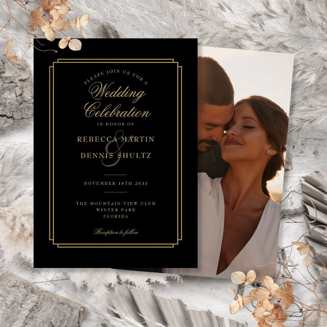 Invitación Boda de fotografías en estilo Art Deco de guiones  (Black and Gold Script Art Deco Photo Wedding Invitation)