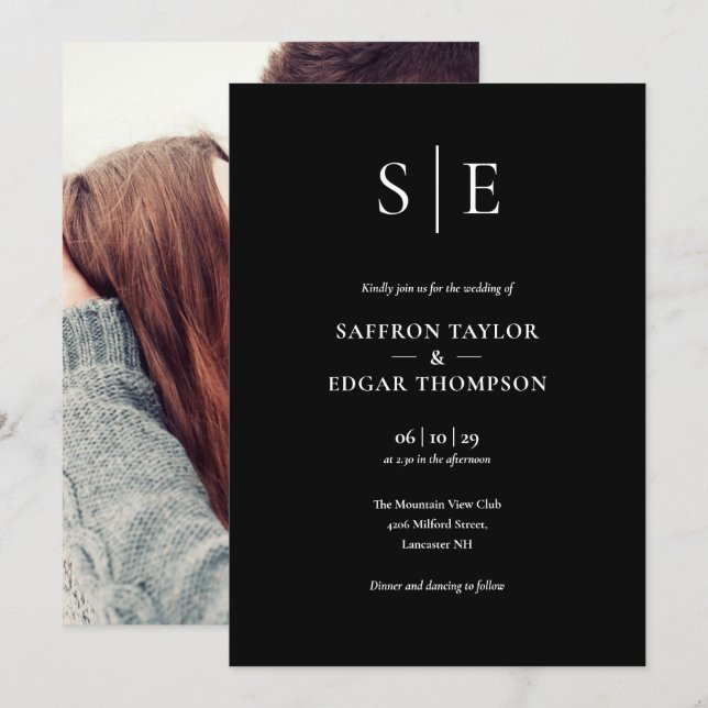 Invitación Boda de fotografías en monograma blanco y negro (Anverso / Reverso)