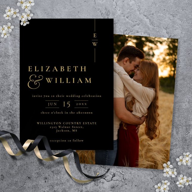 Invitación Boda de fotografías en monograma Minimalista negro (Black And Gold Minimalist Monogram Photo Wedding Invitation)