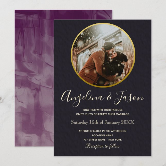 Invitación Boda de fotografías minimo en negro y oro (Anverso / Reverso)