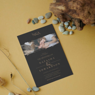 Invitación Boda De Fotografías Modernas De Golpe De Oro Y Neg