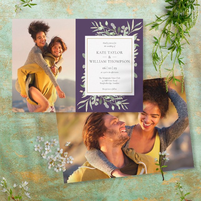 Invitación Boda de fotografías púrpura de vegetación botánica (Subido por el creador)