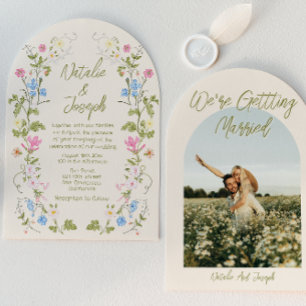 Invitación Boda de Fotos Arqueadas de Florales Dibujadas a Ma