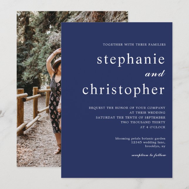 Invitación Boda de fotos azul de la Marina con escritura Mini (Anverso / Reverso)