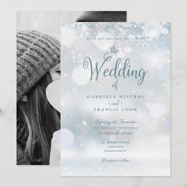 Invitación Boda de fotos con guion elegante de Snowflakes (Anverso / Reverso)