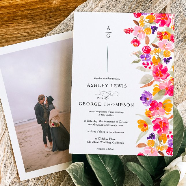 Invitación Boda de fotos de acuarela floral de otoño elegante (Subido por el creador)
