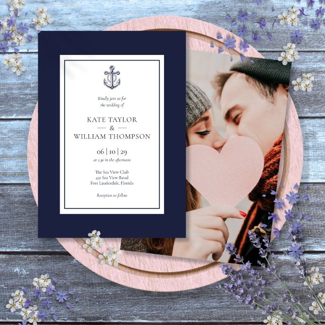 Invitación Boda De Fotos De Ancla Azul Y Blanca De La Armada  (Nautical Navy Blue And White Anchor Photo Wedding Invitation)