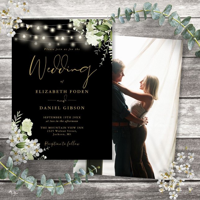 Invitación Boda De Fotos De Black And Gold Floral String Ligh (Black And Gold Floral String Lights Photo Wedding Invitation)