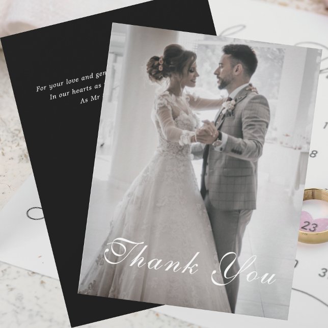 Invitación Boda de fotos de Black White Gold Floral Gracias (Subido por el creador)