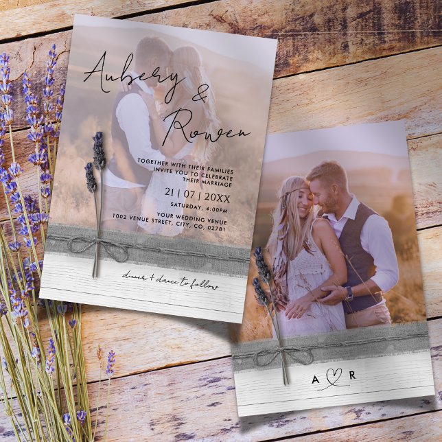 Invitación Boda de fotos de Burlap Wood Lavender Boho (Subido por el creador)