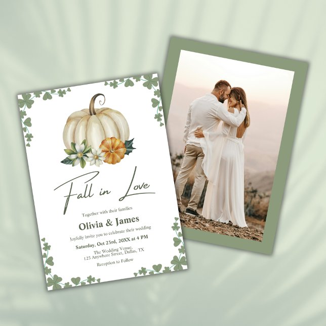 Invitación Boda de fotos de calabaza verde Caída en el Amor (Fall in Love Greenery Sage Green Pumpkin Photo Wedding Invitation  )
