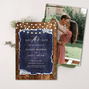 Invitación Boda de fotos de denim de madera de grano rústico