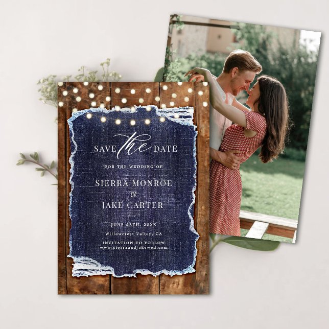 Invitación Boda de fotos de denim de madera de grano rústico  (rustic wedding save the date barn wood denim string lights ranch country western backyard white blue)