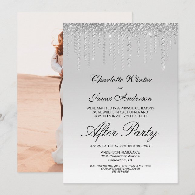 Invitación Boda de fotos de diamantes de plata tras Fiesta (Anverso / Reverso)