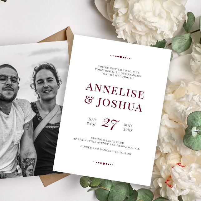 Invitación Boda de fotos de escritura burgundy moderno simple (Subido por el creador)
