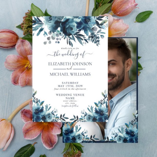 Invitación Boda de fotos de escritura floral azul rusa (Subido por el creador)
