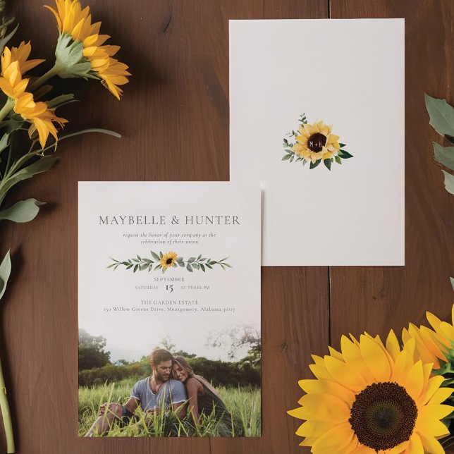 Invitación Boda de fotos de girasoles color amarillo moderno (Modern Yellow Watercolor Sunflowers Photo Wedding Invitation)