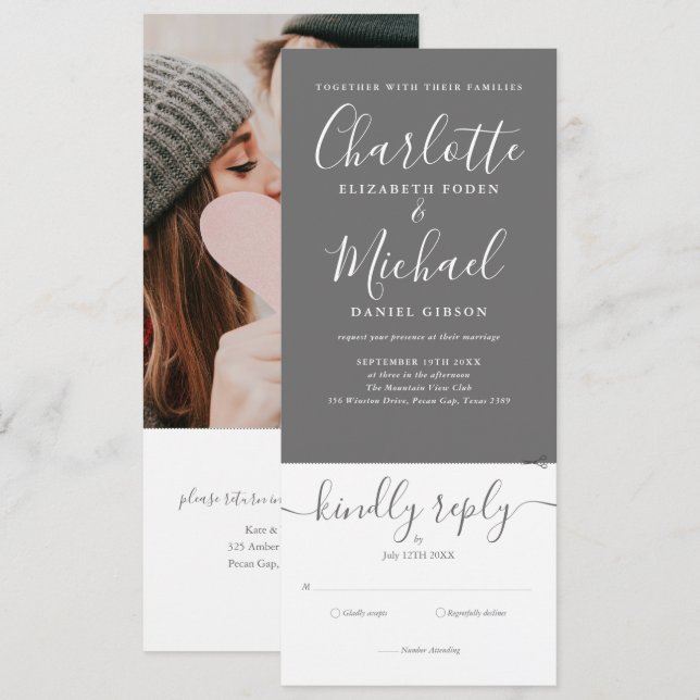 Invitación Boda De Fotos De Guión Blanco Y Gris (Anverso / Reverso)