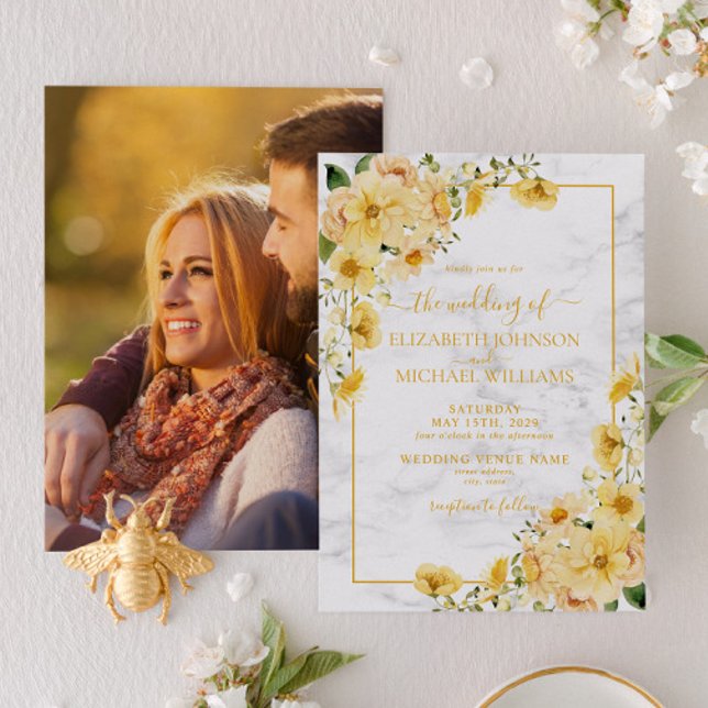 Invitación Boda de fotos de guion de mármol floral amarillo r (Subido por el creador)