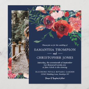 Invitación Boda de fotos de la Marina Azul Borgoña de Coral R