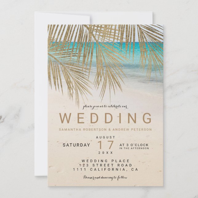 Invitación Boda de fotos de la playa de la palma dorada (Anverso)