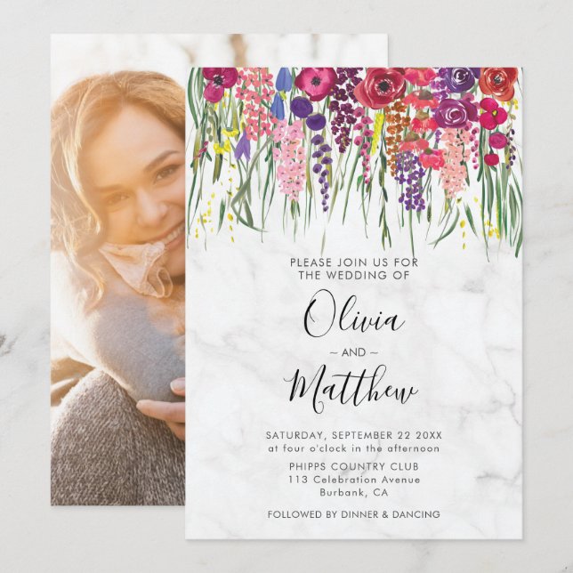 Invitación Boda de fotos de las flores acrílicas de Marble Bo (Anverso / Reverso)