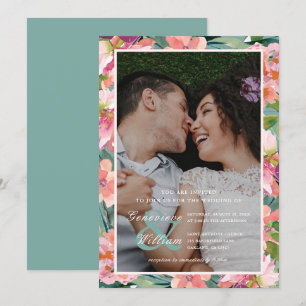 Invitación Boda de fotos de las flores Ocean Green y Peach