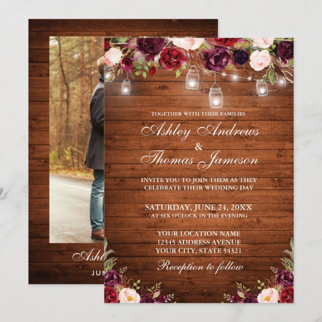 Invitación Boda de fotos de las luces florales rusas de mader (Anverso / Reverso)