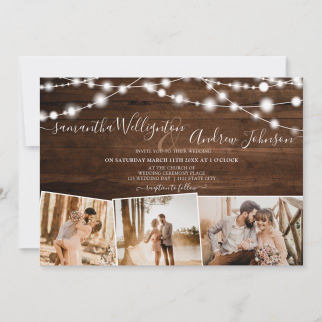Invitación Boda de fotos de luces de madera marrón rustica (Reverso)