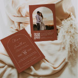 Invitación Boda de fotos de marco de arco de código QR de gui<br><div class="desc">Diseño moderno y elegante impreso Minimalista Tornado de terracota QR Código Arco fotograma Invitación a la boda que se puede personalizar con tu texto. Haga clic en el botón "Personalizar" y utilice nuestra herramienta de diseño para modificar esta plantilla. Visita la tienda de Diseño de Arte Gráfico para ver otros...</div>