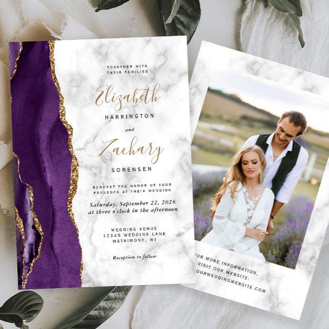 Invitación Boda de fotos de mármol de la Agate de Oro Morado  (Subido por el creador)
