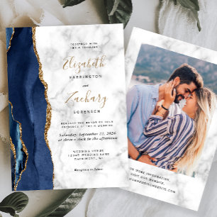 Invitación Boda de fotos de mármol de la Marina Azul de oro d